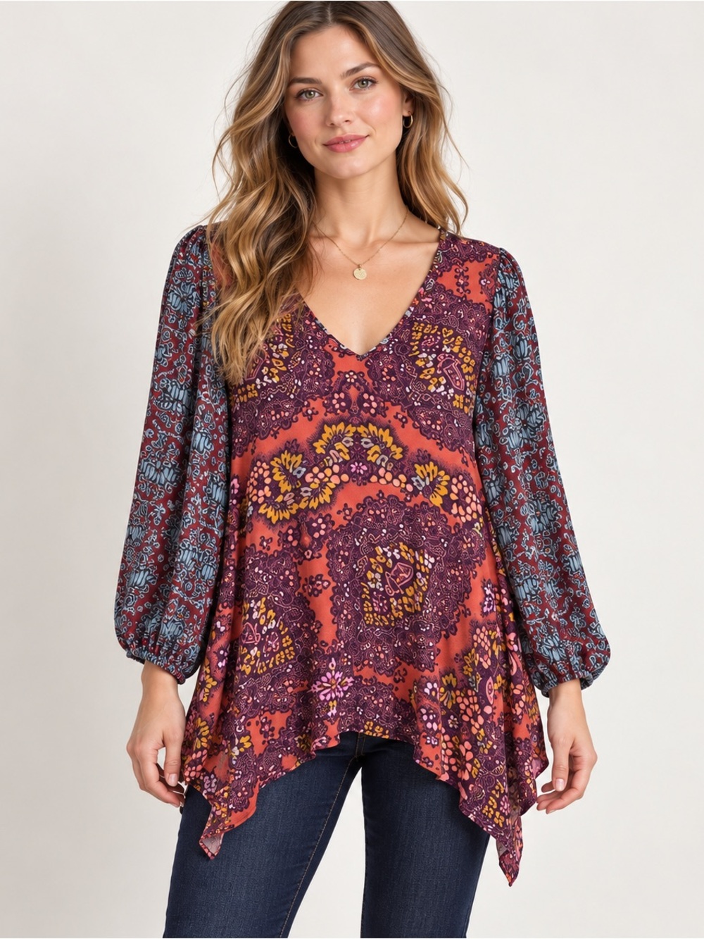 Maeve Anthropologie Boho Mixed Print Handkerchief Hem Tunic Blouse M